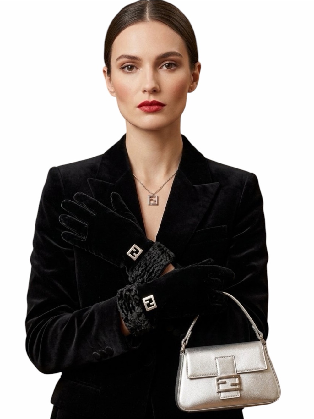 Vintage 90s Fendi Black Velvet Gloves Silver FF Zucca Logo Faux Fur Cuff Italy